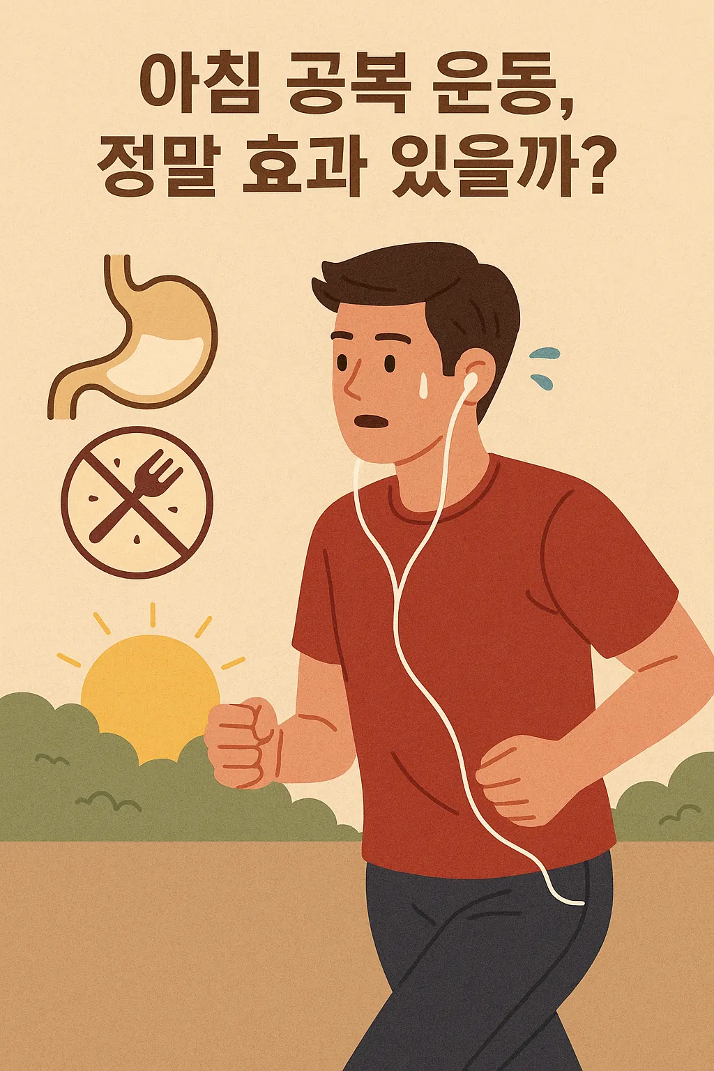 아침-공복에-운동하는-남성이-조깅하며-위와-금식-아이콘-그리고-해돋이가-표현된-일러스트