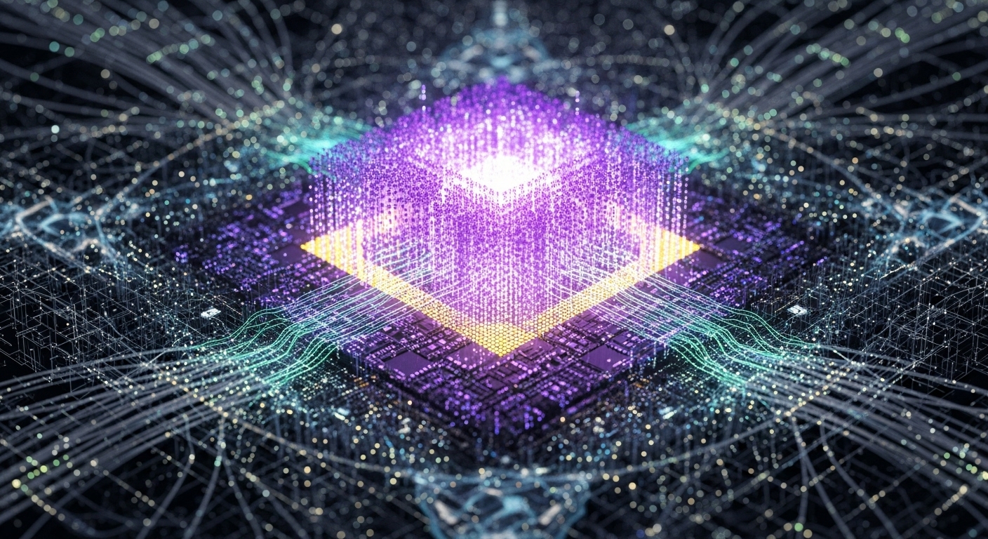 초고속 연산을 상징하는 복잡하게 얽힌 양자 컴퓨팅 프로세서의 추상적인 모습. 보라색과 노란색 빛이 흐르며 미래 기술의 정수를 보여줍니다.