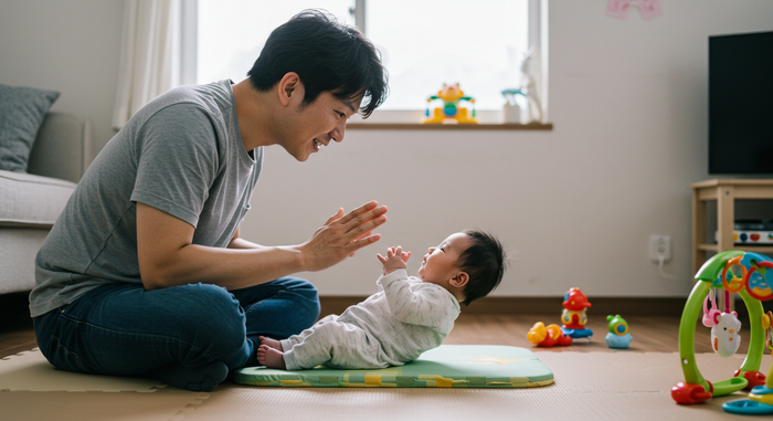 아기가 부모 옷으로 안정된 장면