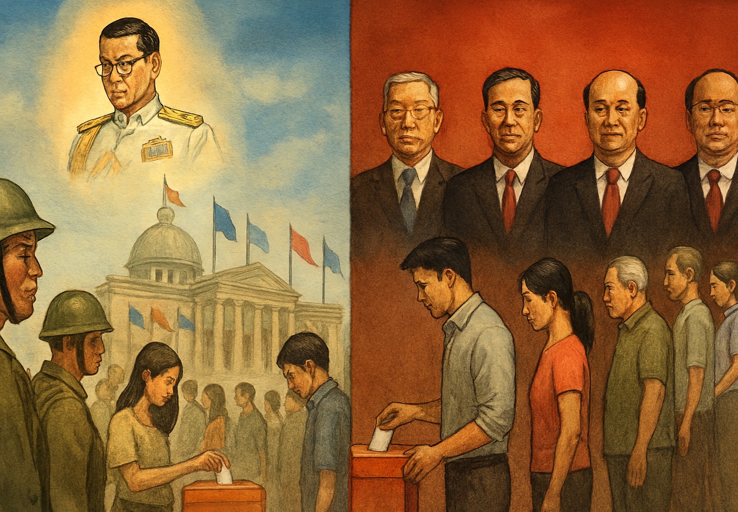 베트남과 태국의 정치적 특성을 은유적으로 표현한 반사실적 일러스트