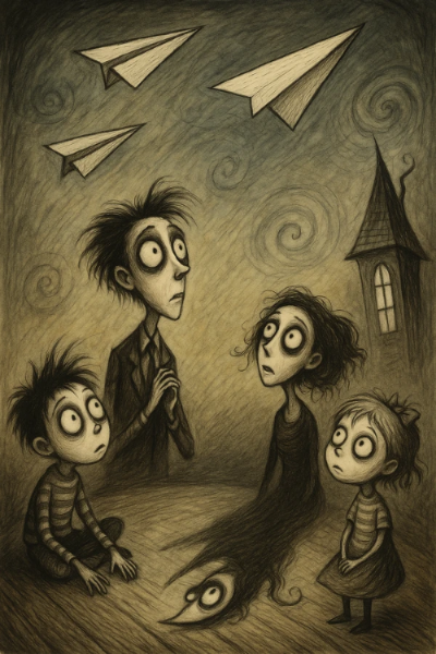 팀 버튼 스타일 고딕 일러스트, 종이비행기를 바라보는 캐릭터들, 감정 표현과 상징이 어우러진 어두운 몽환 배경