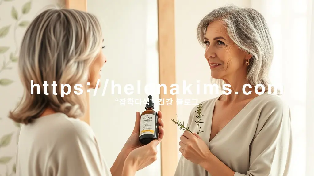 차분하고 우아한 50대 여성 두사람이 손에 염색약 병과 약초 잎을 들고 대화하고 있는 모습.