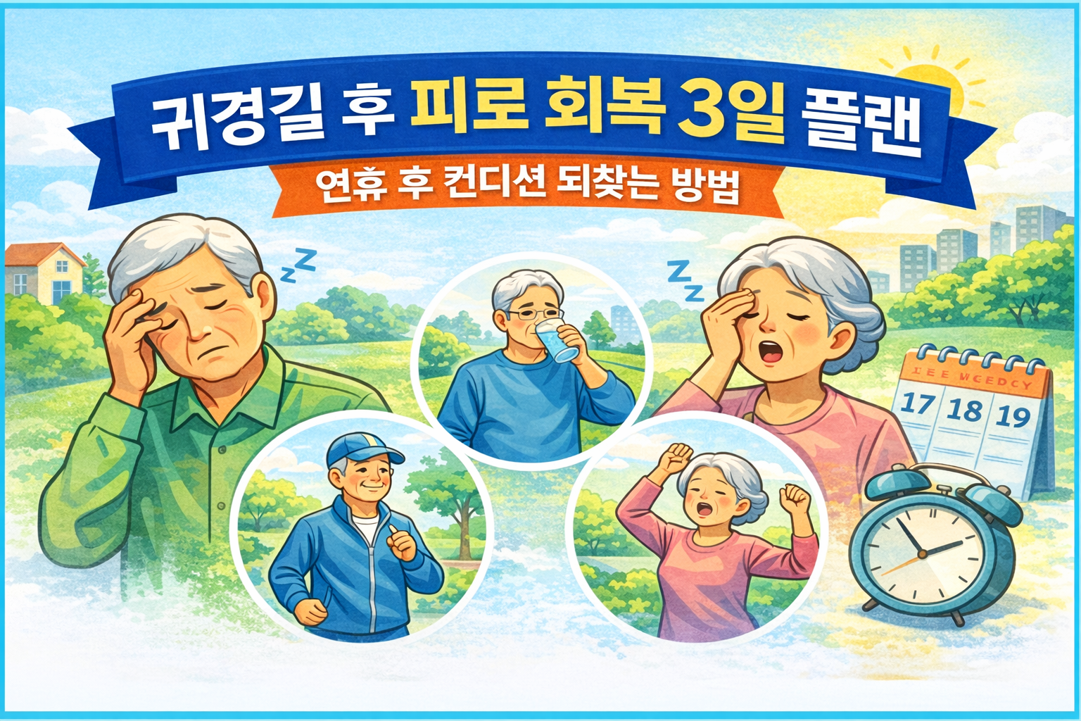 alt="귀경길 후 피로 회복 3일 플랜 연휴 후 시니어 컨디션 회복 건강관리 일러스트"