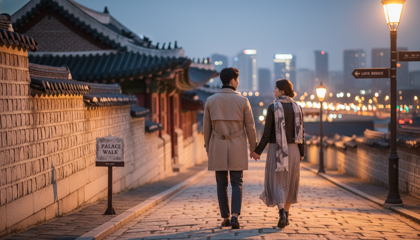 창경궁 돌담길을 따라 다정하게 밤산책을 즐기는 연인의 로맨틱한 데이트 모습