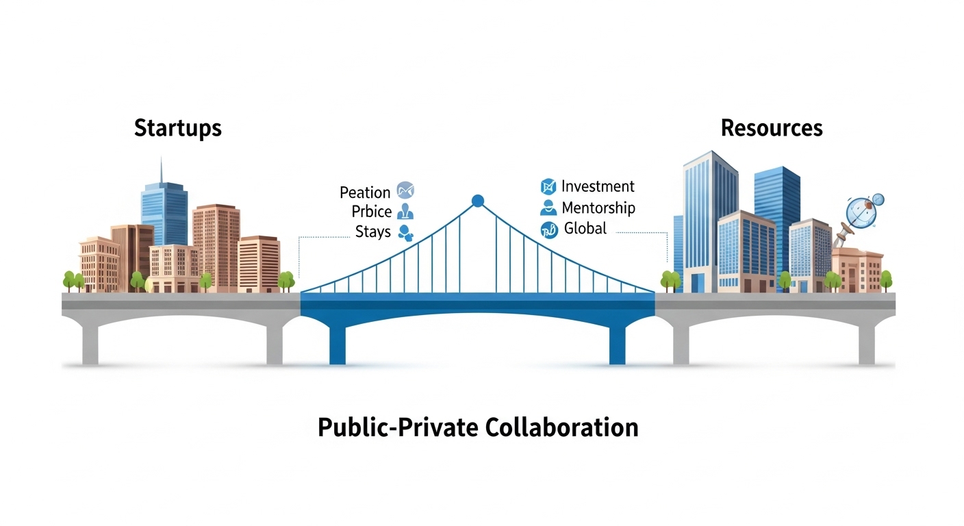 스타트업과 자원(투자, 멘토링, 글로벌)을 민관 협력이라는 다리로 연결하는 비유적인 이미지