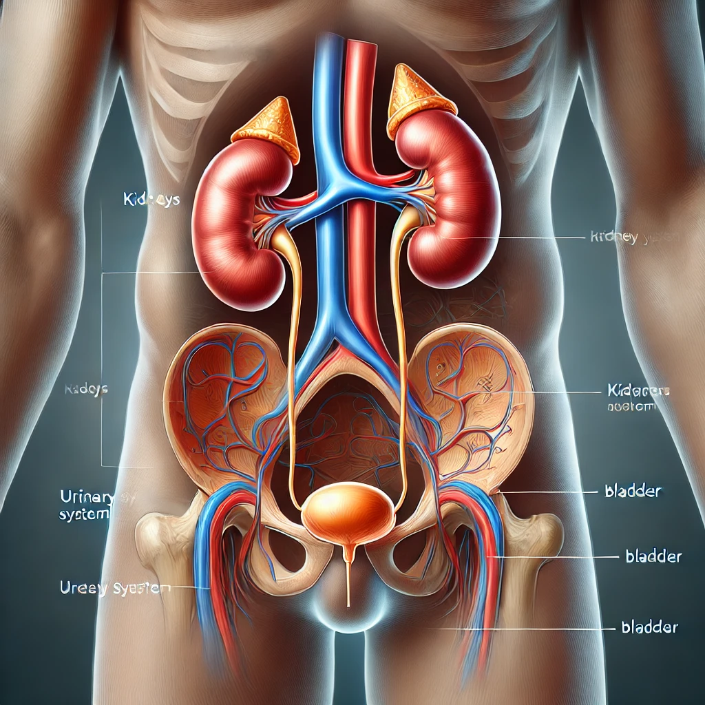 "인체 내부에서 방광의 위치와 역할을 설명하는 의학적 일러스트"