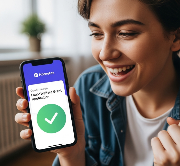 스마트폰 홈택스 앱 화면을 통해 근로장려금 신청을 완료한 후, 기쁜 표정을 짓고 있는 청년. 간편한 신청 과정을 상징
