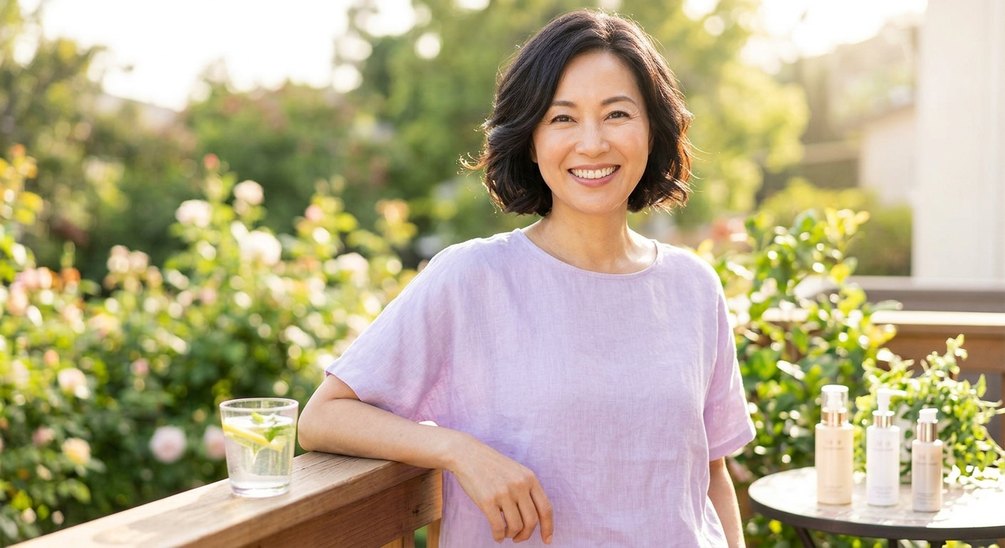 정원에서 환하게 웃고 있는 40대 한국 여성. 옆에 스킨케어 제품이 놓여 있으며 갱년기 피부 관리를 실천하는 건강한 일상을 보여주는 이미지.