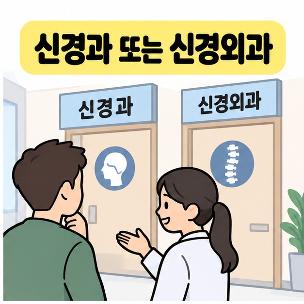 신경과 또는 신경외과라는 문구 아래 두 진료실 앞에서 환자가 안내를 받는 그림