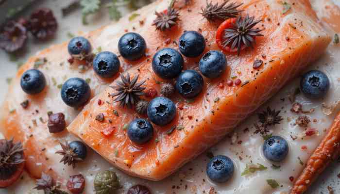 식품별 피부 영양소 일러스트 (연어, 블루베리, 파프리카 등)