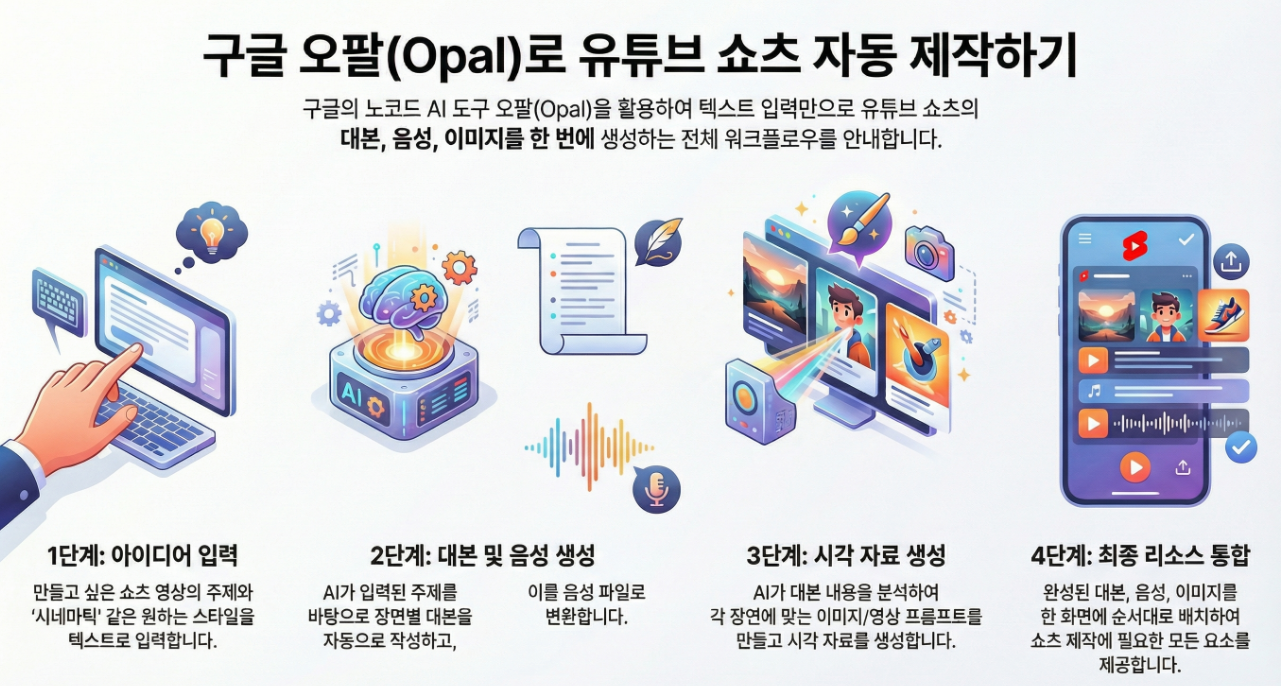 구글 오팔(Opal)로 유튜브 쇼츠 자동화 설계 프로세스 인포그래픽