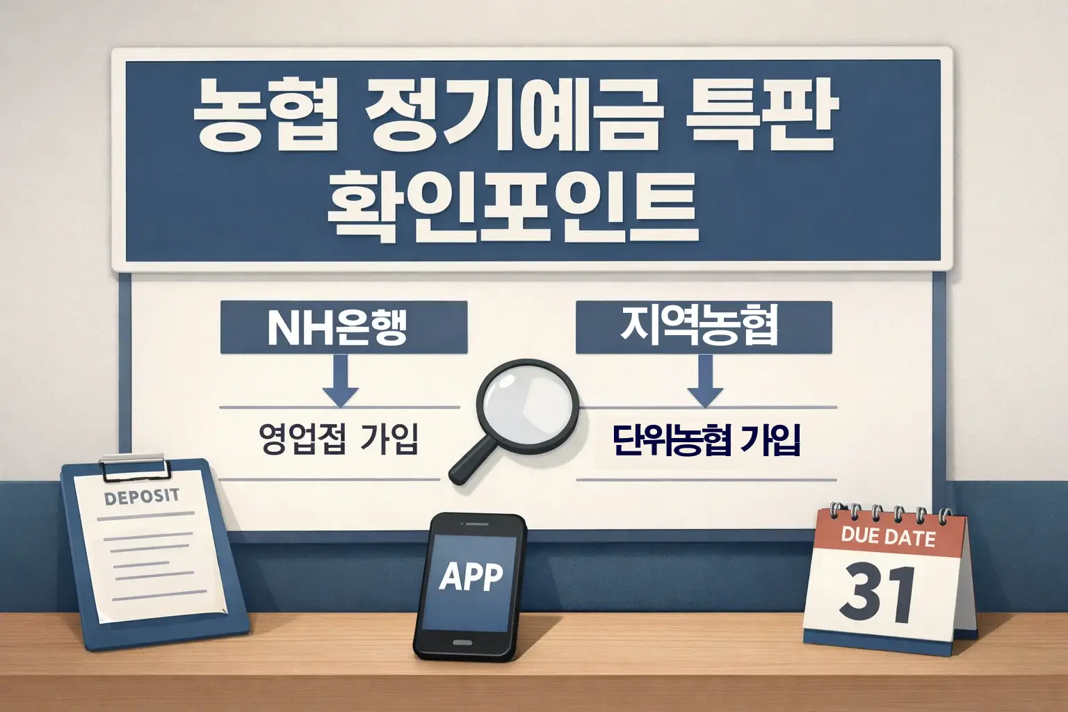 농협 정기예금 특판 금리 조건을 볼 때 NH은행과 지역농협 구분, 가입 경로, 만기 전 확인포인트를 함께 이해하도록 정리한 썸네일 이미지