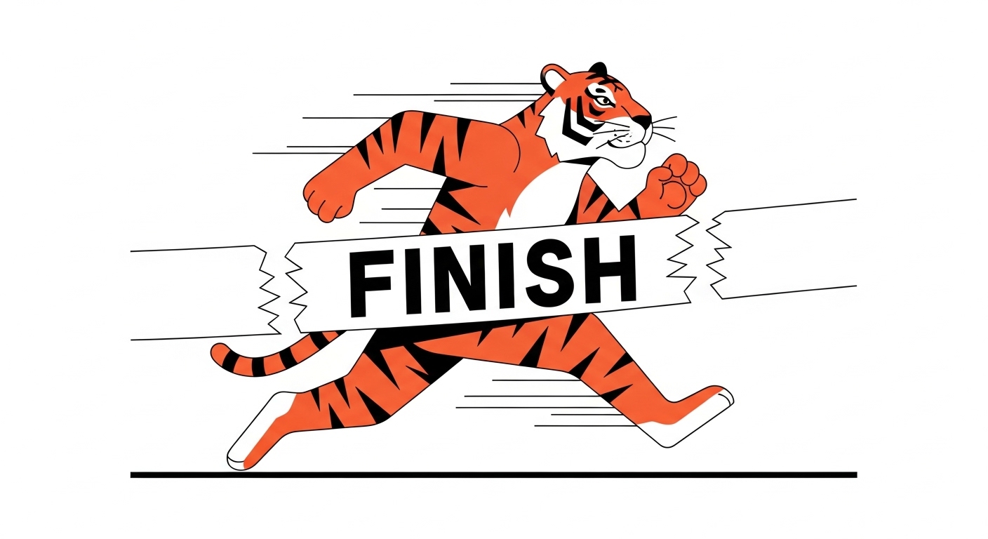 결승전 테이프를 끊으며 질주하는 에너지 넘치고 경쟁심 강한 호랑이 캐릭터 일러스트