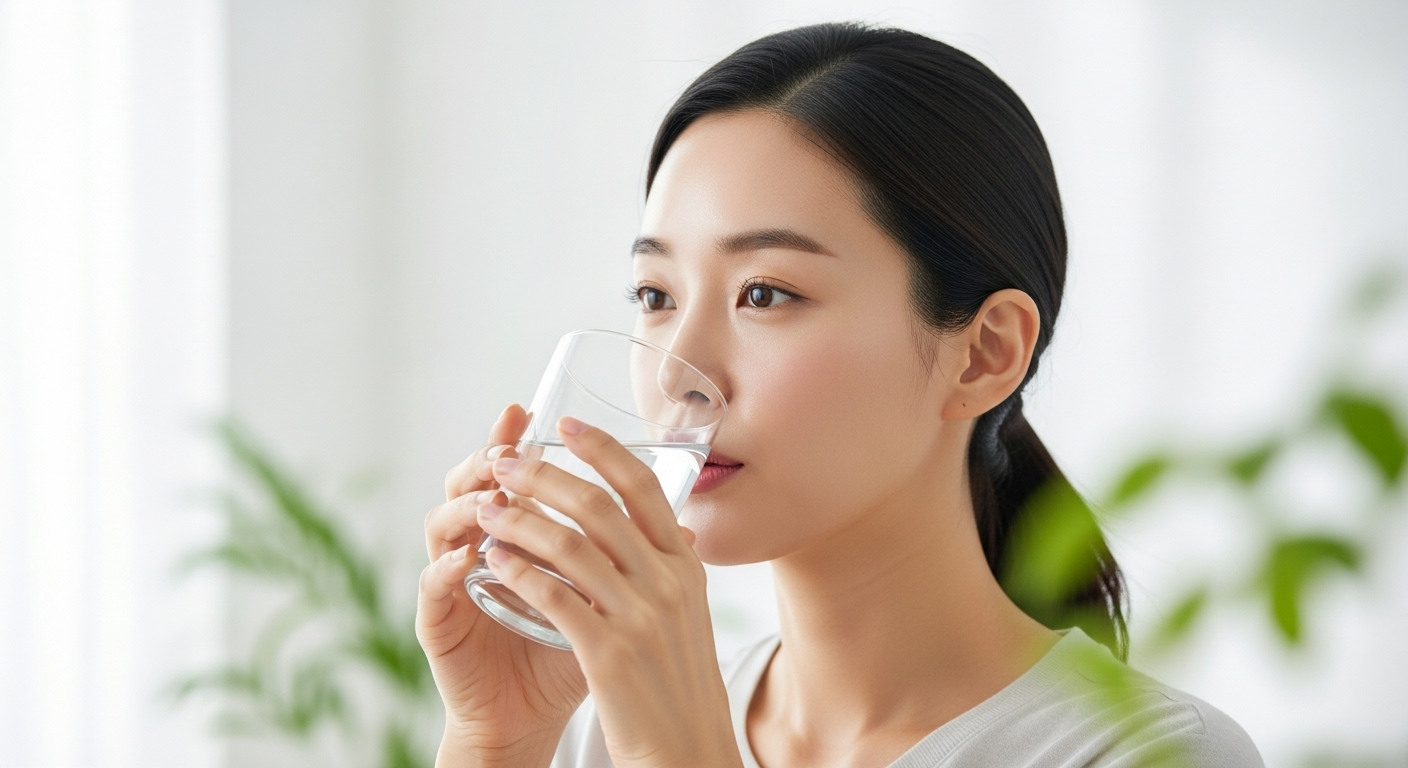물 한잔을 마시는 한국인 여성 클로즈업
