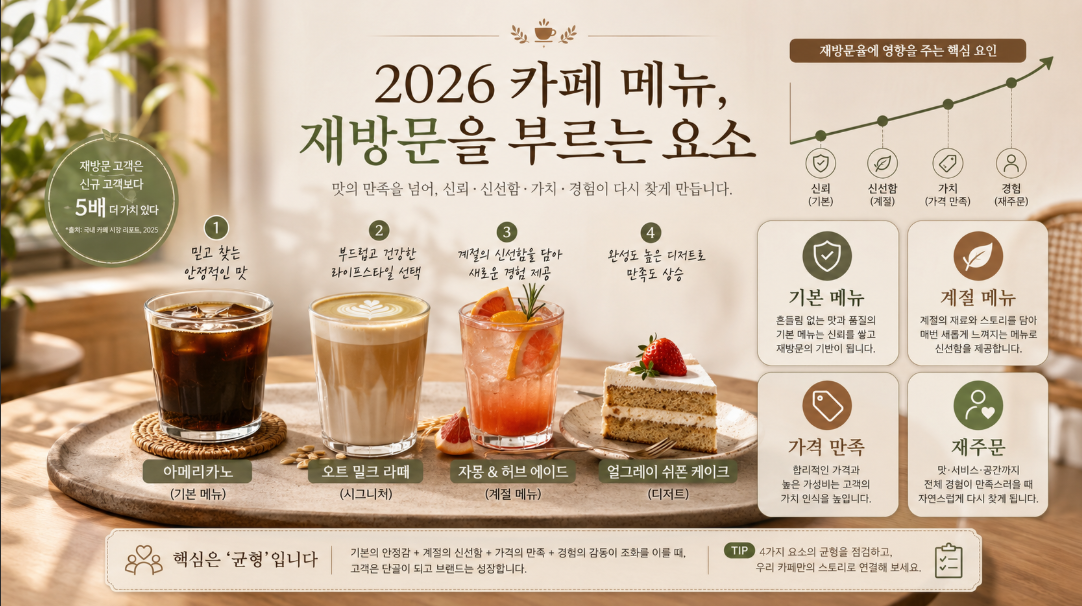 기본 메뉴와 계절 메뉴, 가격 만족이 2026 카페 메뉴 재방문에 미치는 영향을 보여주는 이미지