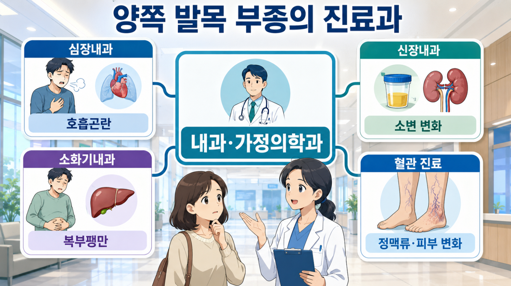 양쪽 발목 부종의 첫 진료 내과&middot;가정의학과와 심장내과&middot;신장내과&middot;소화기내과&middot;혈관 진료 안내