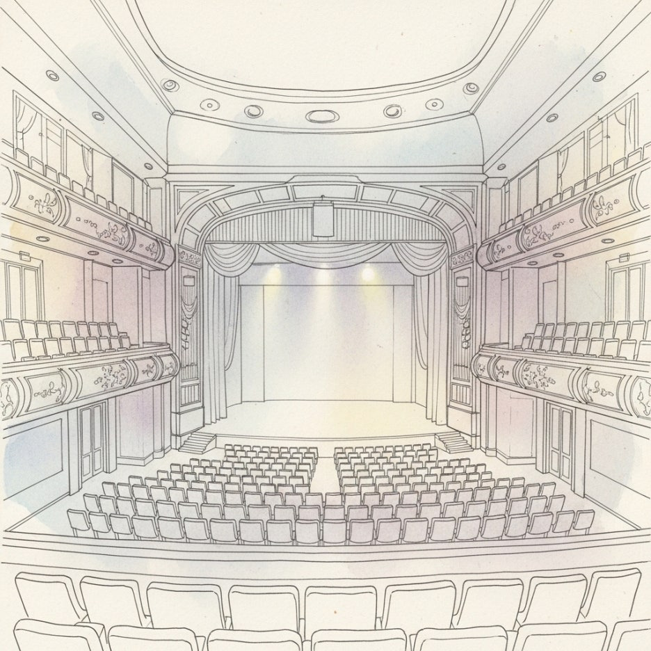 공연장의 평화롭고 기대감 넘치는 수채화 전경