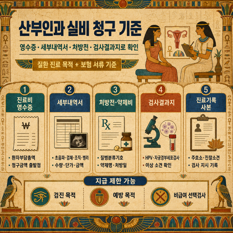산부인과 실비 청구 기준을 진료비 영수증, 세부내역서, 처방전, 검사결과지, 진료기록으로 정리한 이집트 벽화 스타일 인포그래픽