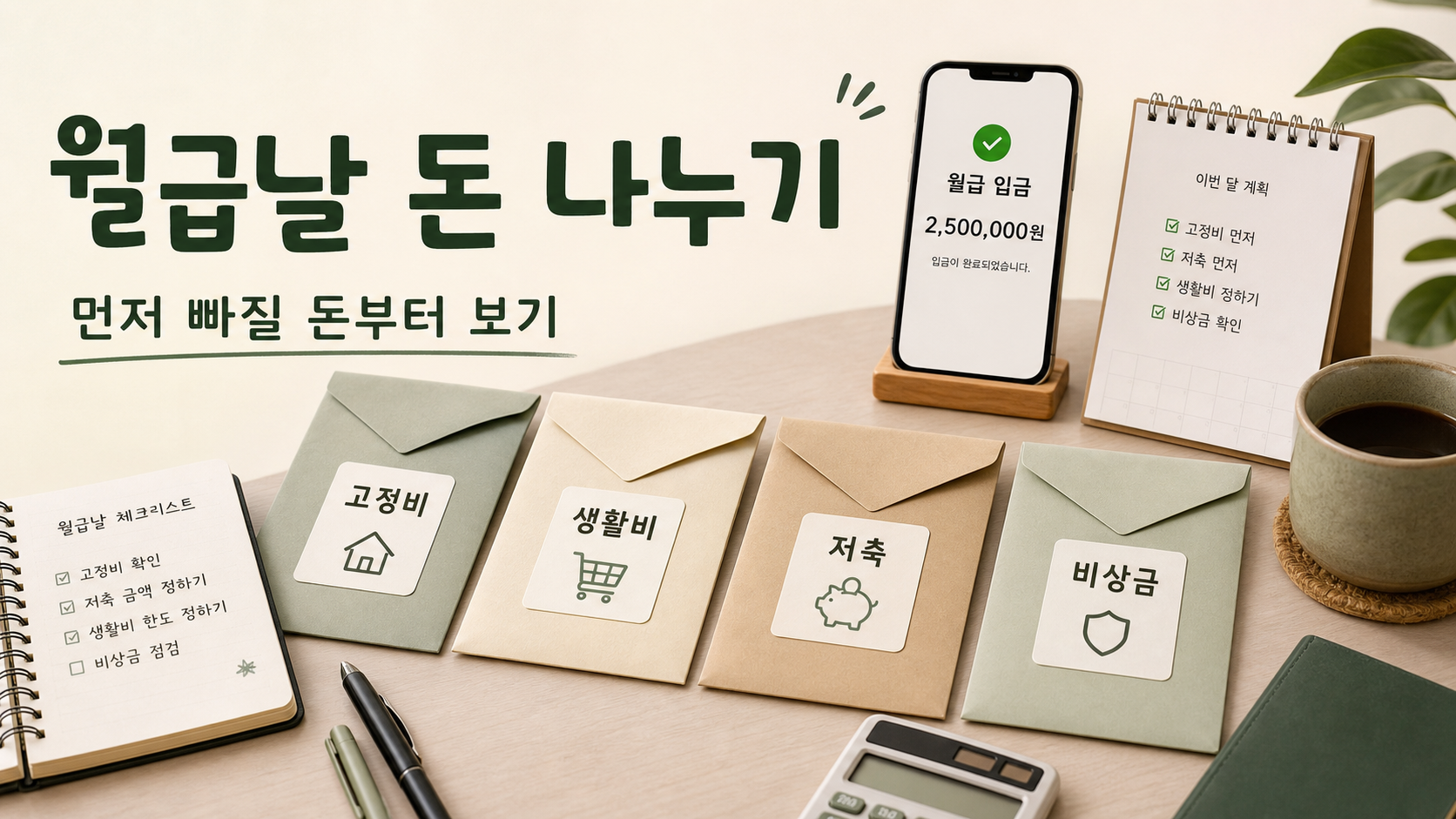 월급 들어온 날 고정비 생활비 저축 비상금으로 돈을 나누는 현실적인 예산 관리 장면