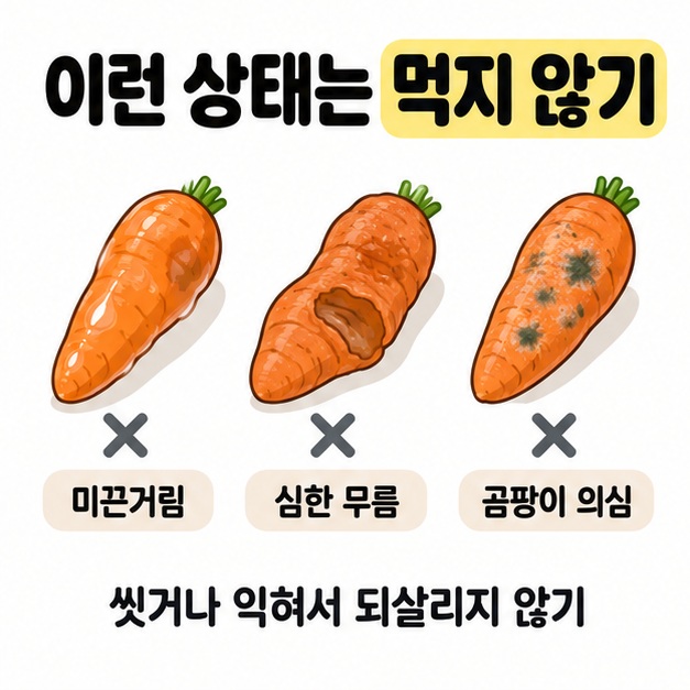 미끈거림과 심한 무름, 곰팡이 의심 반점이 있는 당근에 X 표시를 붙이고 씻거나 익혀서 되살리지 않도록 안내하는 그림