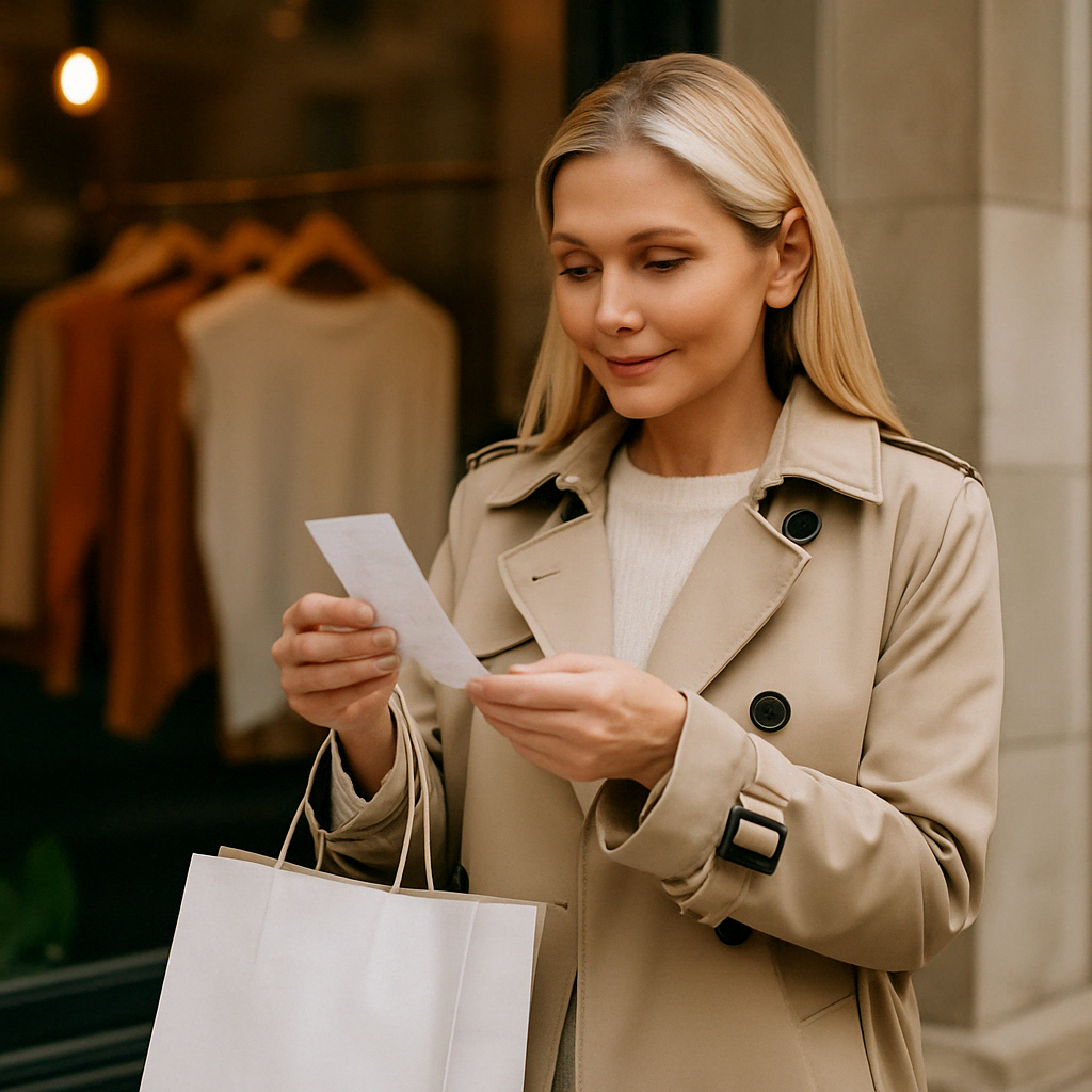 결제 후 받은 영수증을 확인하는 모습으로&amp;#44; &amp;#39;Here&rsquo;s your receipt&amp;#39; 등 실제 결제 상황에서 자주 사용되는 표현을 연상시키는 이미지입니다.