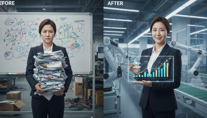 스마트공장 데이터 관리의 비효율성과 효율성을 대비한 이미지. 왼쪽은 복잡한 수기 차트와 서류, 오른쪽은 깔끔하게 정리된 디지털 대시보드를 보는 한국인 여성 관리자의 모습.