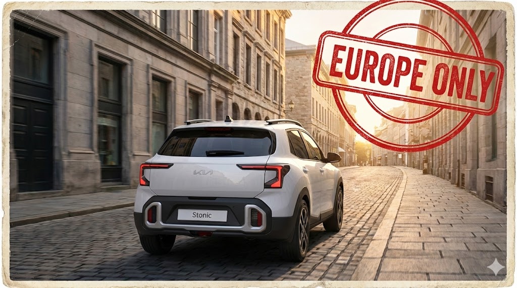 유럽의 아름다운 거리를 달리는 신형 스토닉의 뒷모습. 그 위로 'Europe Only'라는 도장이 찍힌 엽서 느낌의 이미지