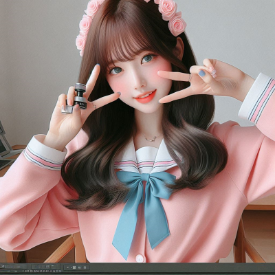 브이 포즈를 하는 귀여운 소녀, 파스텔 색감의 사진 편집 화면.