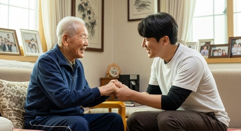 노인과 요양보호사가 미소 지으며 손을 잡고 있는 모습