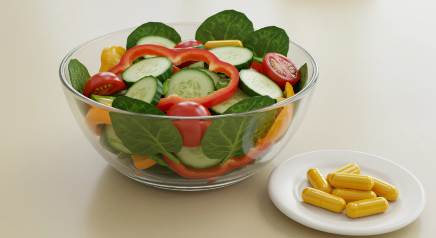 샐러드와 함께 커큐민 캡슐이 놓여 있는 모습