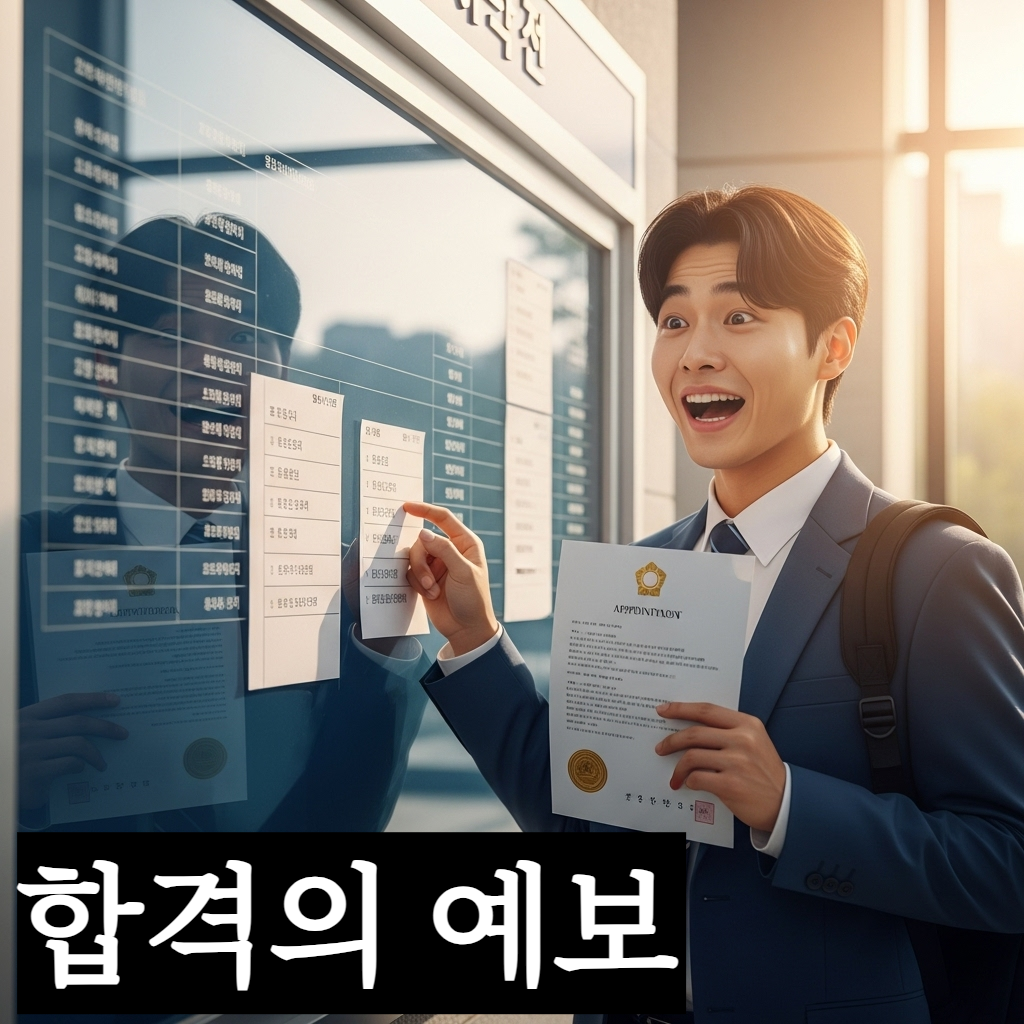 환하게 밝은 게시판 앞에서 자신의 이름이 적힌 합격자 명단을 확인하고 벅찬 감동을 느끼는 한국인 청년의 희망적인 일러스트