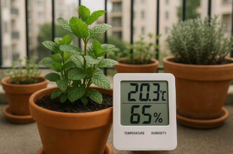 화분 옆에 온습도계 사진