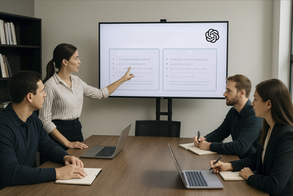 회의하는 4명의 사람들. 회의실 모니터에 ChatGPT 로고.