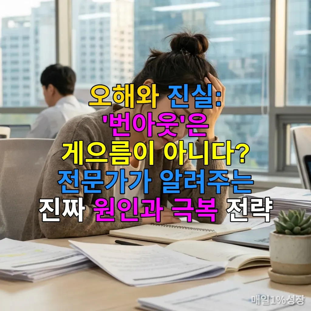 책상에 앉아 지친 표정으로 머리를 감싸고 있는 한국인 직장인