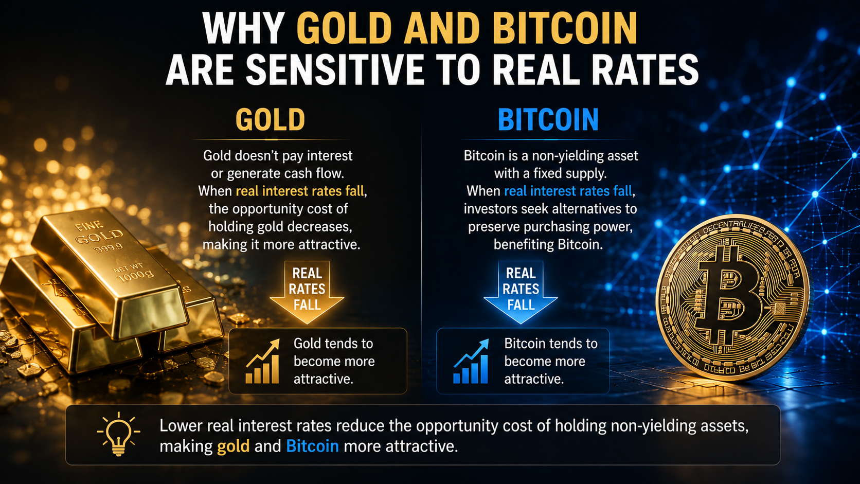 Gold and Bitcoin price sensitivity to real interest rates, illustrating opportunity cost and liquidity effects on alternative assets.