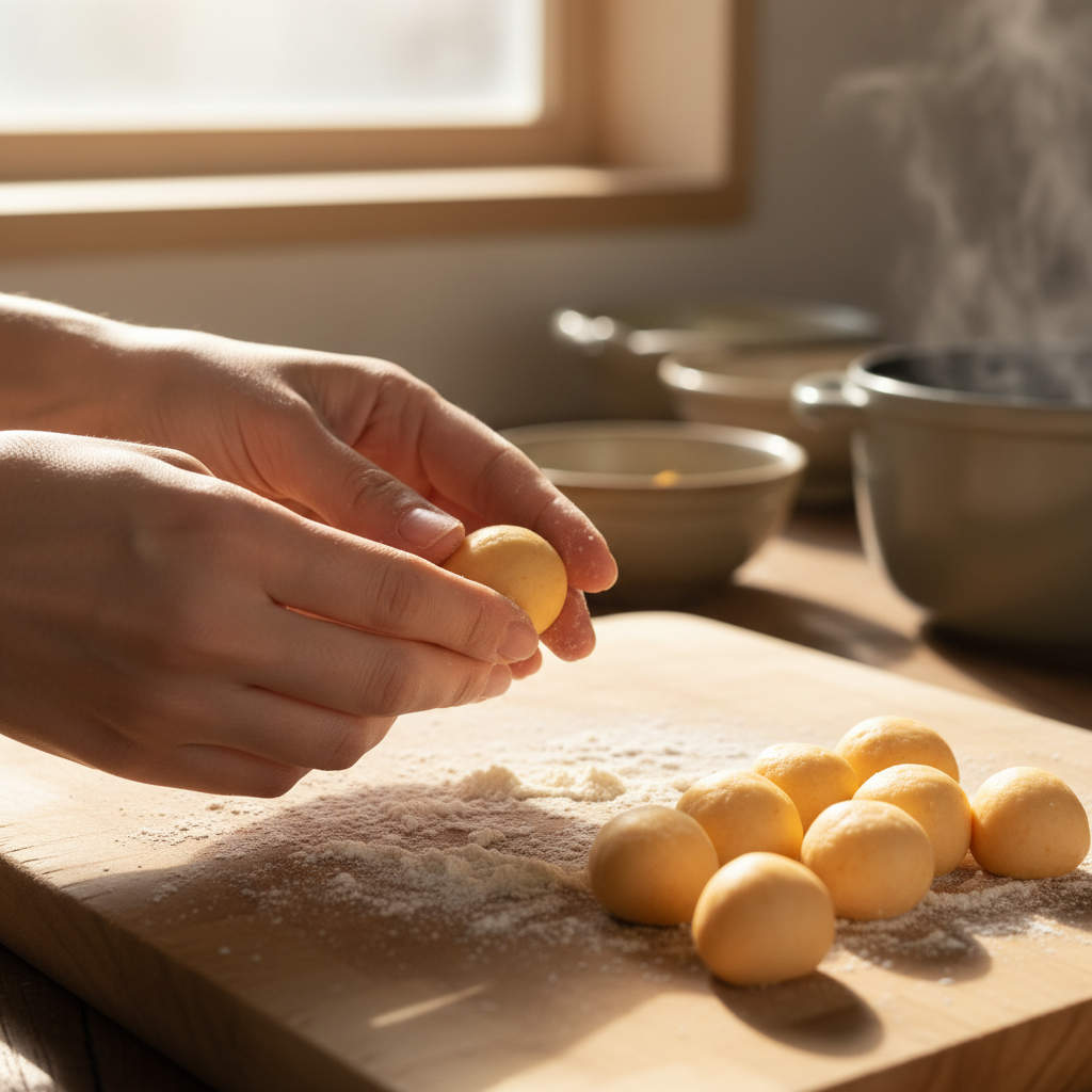 늙은 호박을 넣어 만든 쫀득한 새알심 반죽과 빚는 과정