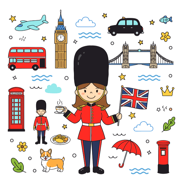 영국을 대표하는 것들이 잔뜩 그려졌다. 군의병, 빅벤, 빨간 이층버스, 음식, 차, 비행기 등이다.