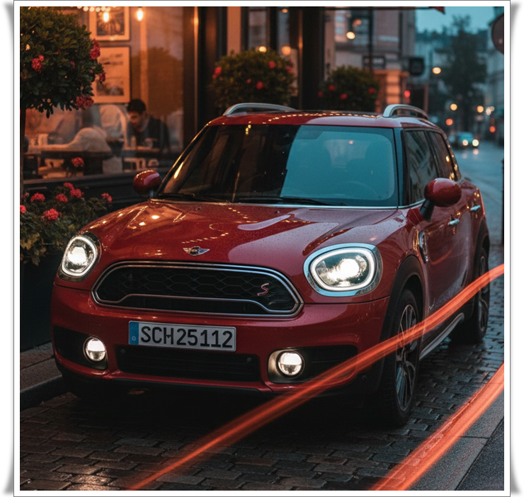 도심 속 카페 앞에 주차된 미니 컨트리맨의 감성적인 전면 사진