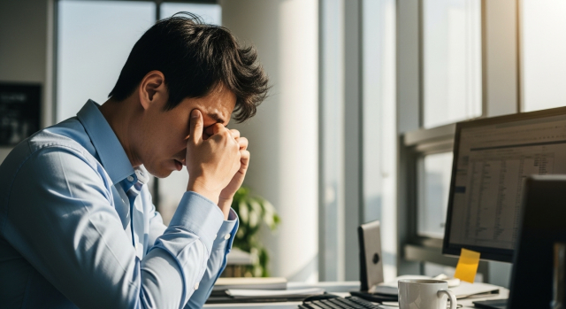 피로로 고개 숙인 40대 직장인