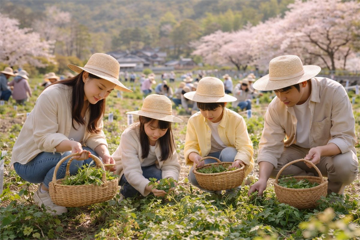 봄 체험 축제에서 나물을 살펴보는 가족의 모습 