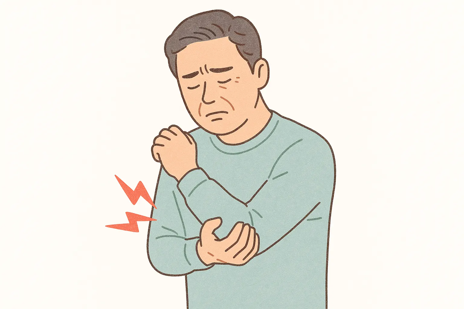 왼쪽 팔꿈치를 잡고 통증을 호소하는 중년 남성