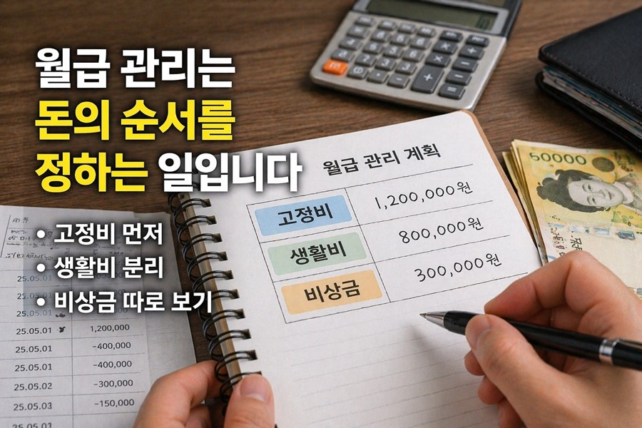 월급이 들어오면 고정비, 생활비, 비상금, 미래자금으로 나누어 월급 관리 재테크 구조를 만드는 방법을 설명하는 체크리스트형 이미지입니다.