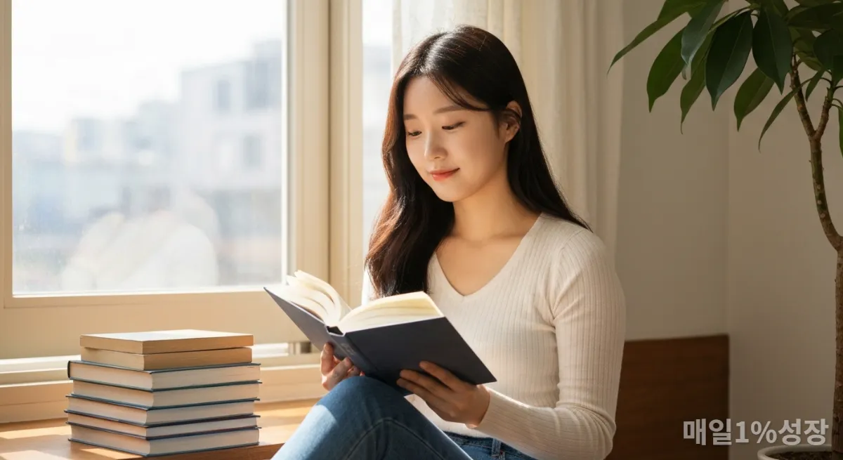 창가에서 책을 읽으며 지적 호기심을 충족하는 젊은 한국 여성