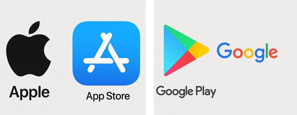 스마트폰 사용자들이 앱설치할 때 필수적으로 사용하게 되는 애플의 앱스토와 구글의 구글플레이스토어의 심볼 모습