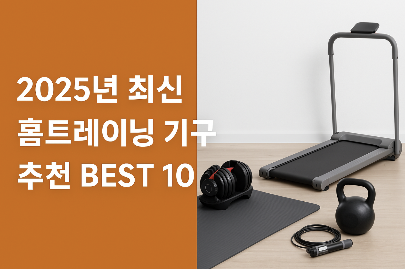 깔끔한 홈트레이닝 공간을 배경으로, 요가 매트, 덤벨, 케틀벨, 접이식 러닝머신, 스마트 점핑 로프 등 최신 운동기구가 진열되어 있으며, 왼쪽에는 &quot;2025년 최신 홈트레이닝 기구 추천 BEST 10&quot;이라는 한국어 문구가 선명하게 적혀 있는 가로형 배너 이미지