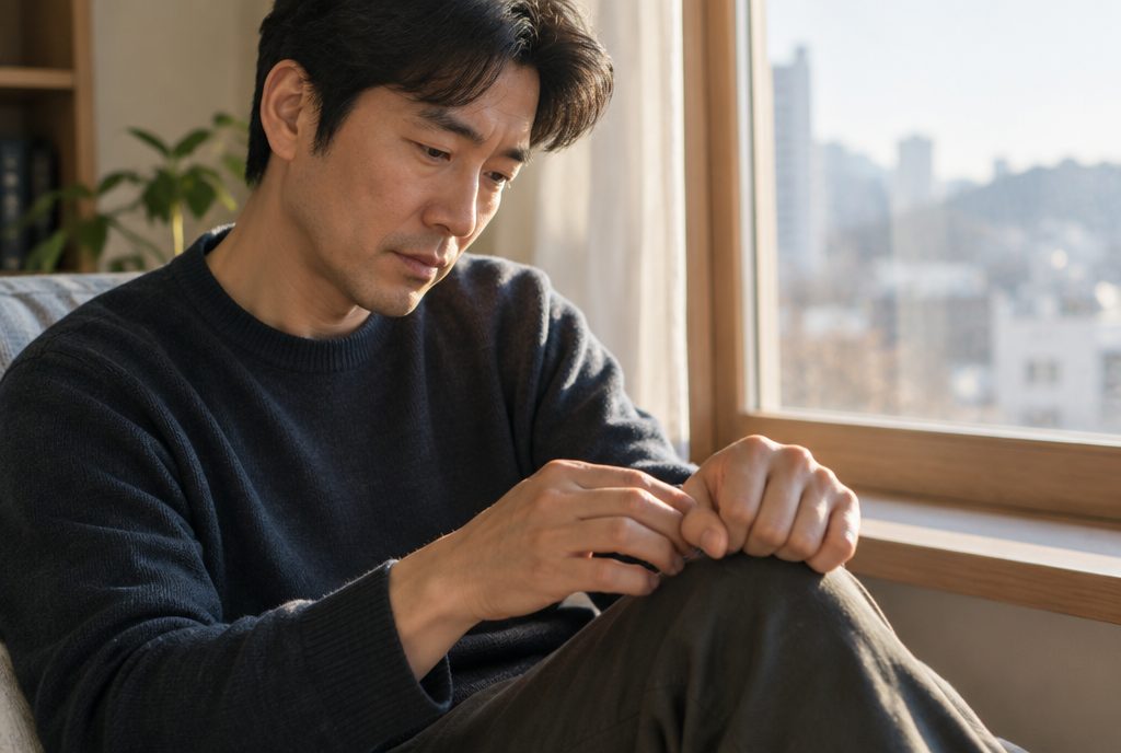 경직으로 굳은 오른손을 왼손으로 펴 보는 편마비 아빠