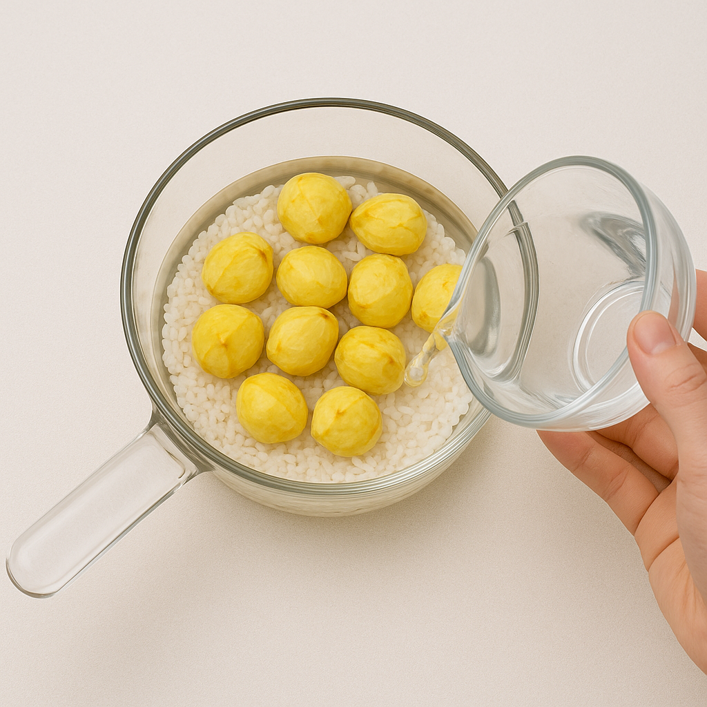 전기밥솥이나 냄비에 밥을 짓고, 취사 완료 후 10분간 뜸을 들입니다.