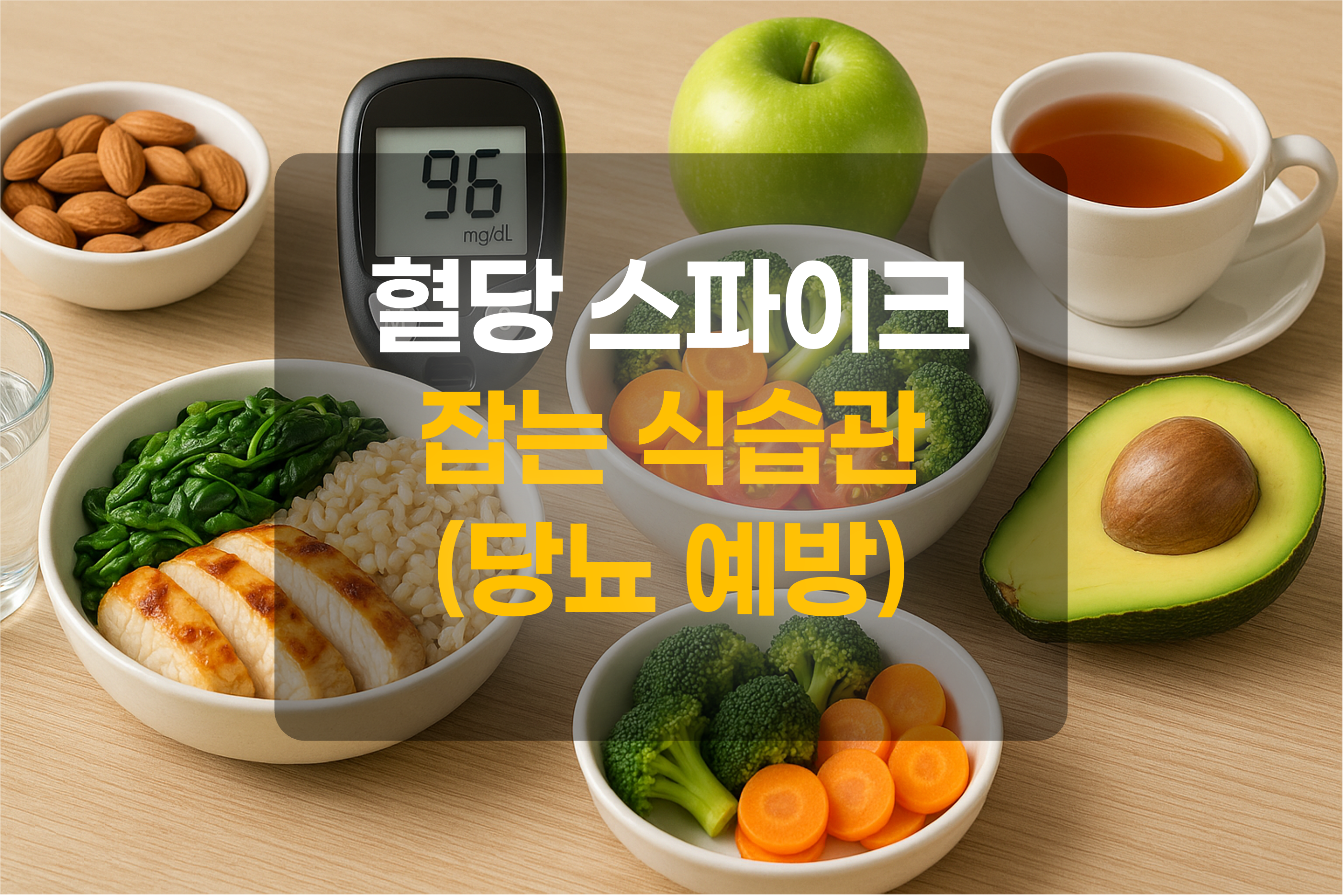 당뇨를 예방하는 음식과 혈당 측정기를 이미지화 한 그림