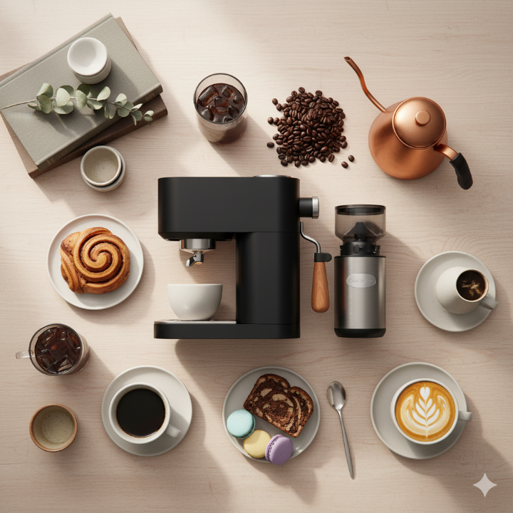 다양한 홈카페 장비와 디저트 사진