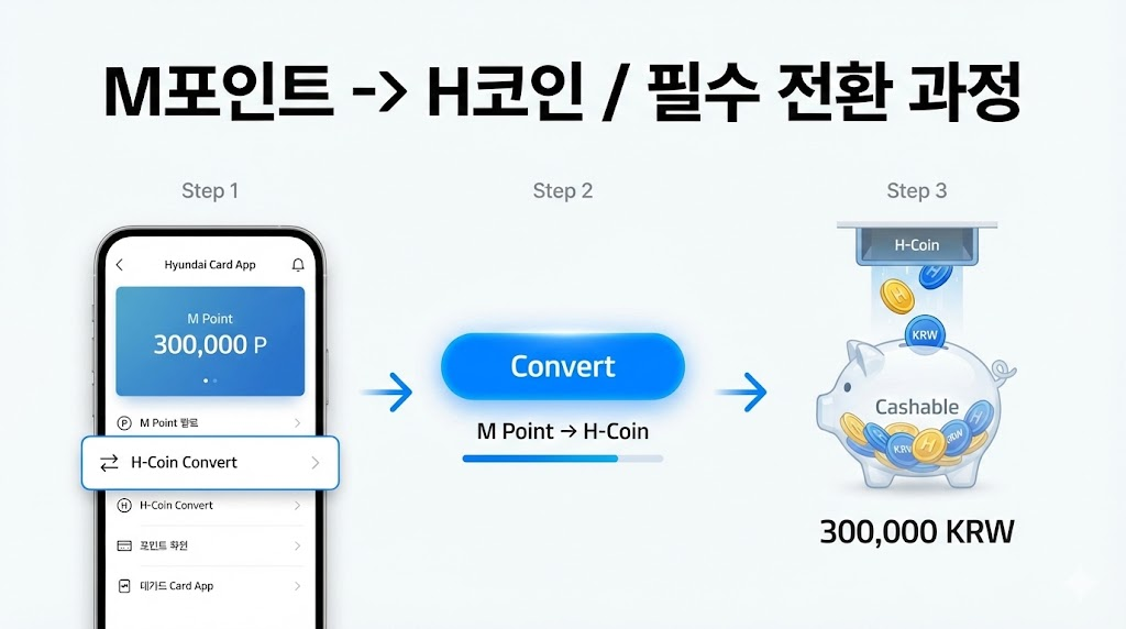 현대카드 M포인트를 H코인으로 전환하여 현금화하는 과정을 설명하는 인포그래픽